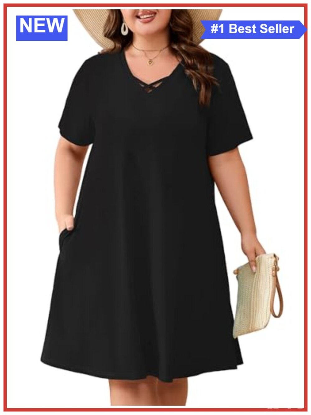 Plus Size Midi Dress Short Sleeve V Neck A Line Casual Sundress with Pockets